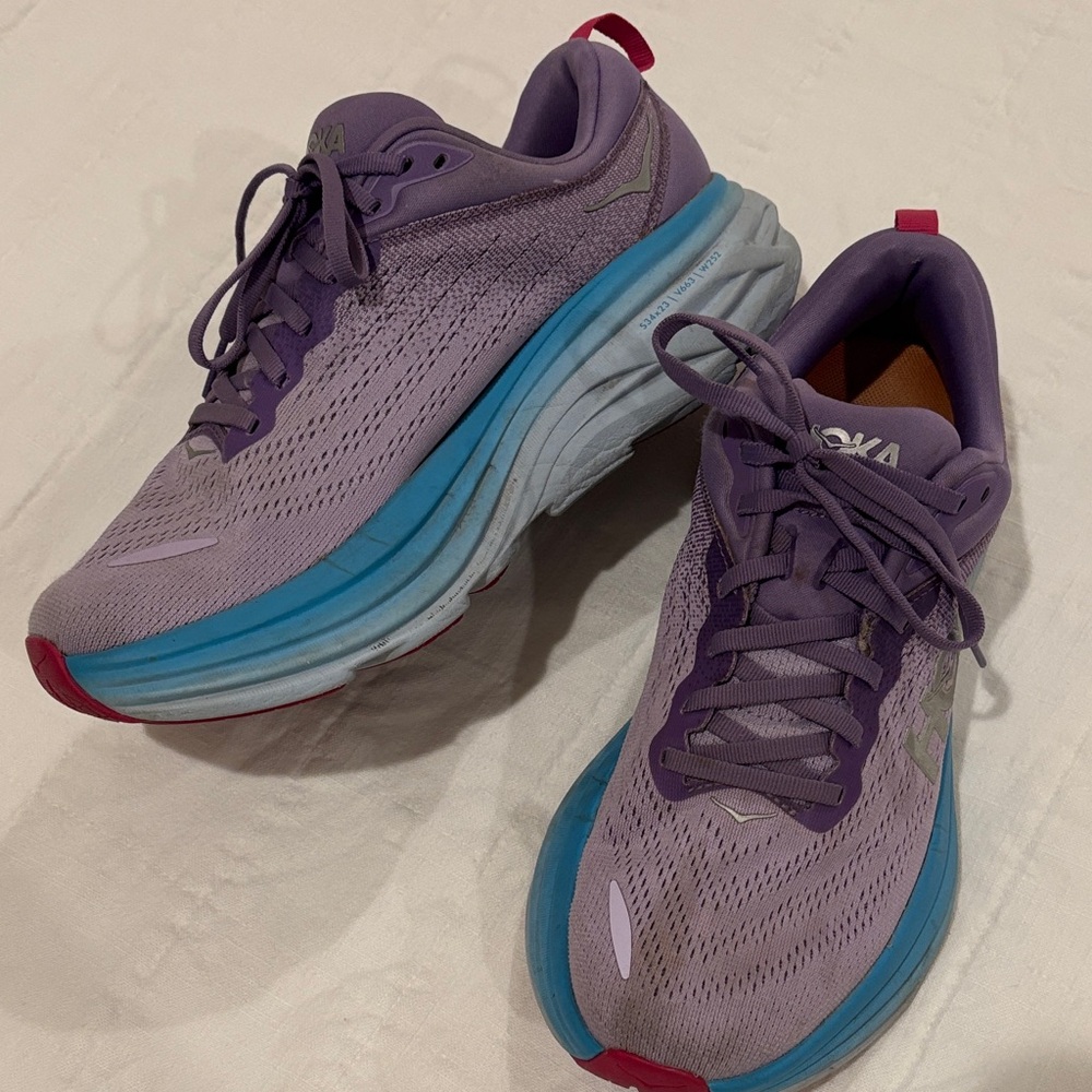 Hoka Bondi 8 Women's Purple Running Shoes with Blue Midsole and Red Accents